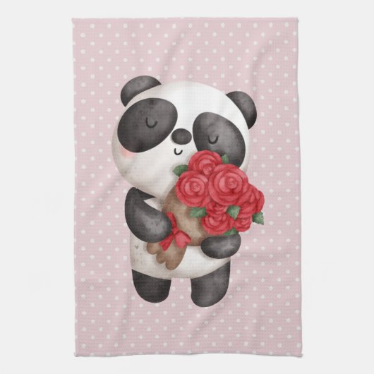 Niedlicher Panda-Bär mit Rose Bouquet auf Polka Do Geschirrtuch (Vertikal)