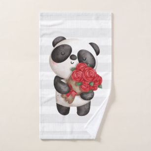 Niedlicher Panda-Bär mit Rose Bouquet Badhandtuch Set