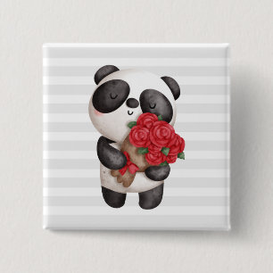 Niedlicher Panda-Bär mit Rose Bouquet Button