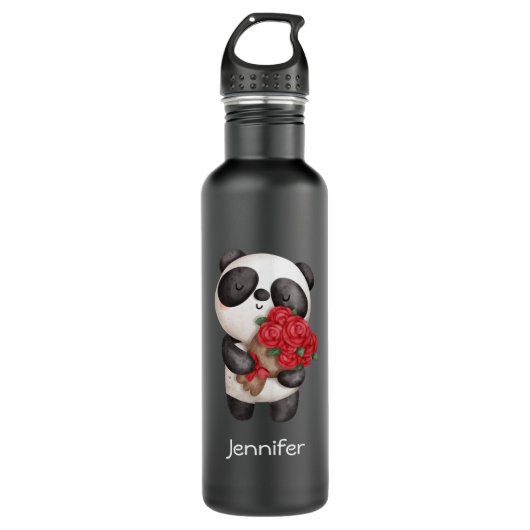 Niedlicher Panda-Bär mit Rose Bouquet Edelstahlflasche (Vorderseite)