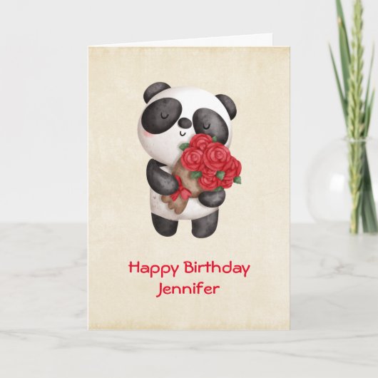 Niedlicher Panda-Bär mit Rose Bouquet Geburtstag Karte (Vorderseite)