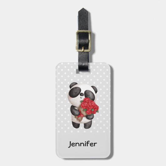 Niedlicher Panda-Bär mit Rose Bouquet Gepäckanhänger (Vorderseite vertikal)