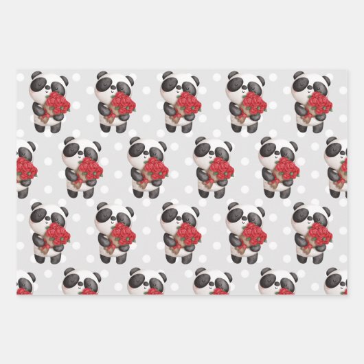Niedlicher Panda-Bär mit Rose Bouquet Geschenkpapier Set (Vorderseite 3)