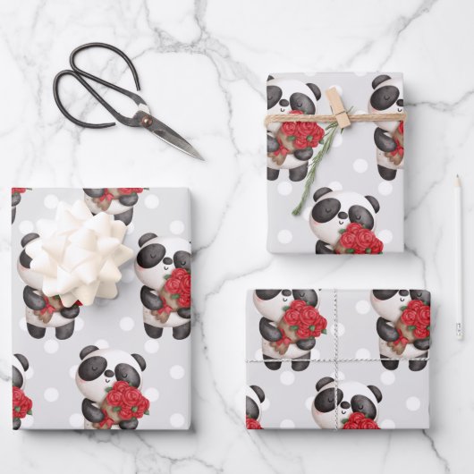 Niedlicher Panda-Bär mit Rose Bouquet Geschenkpapier Set (Vorderseite)