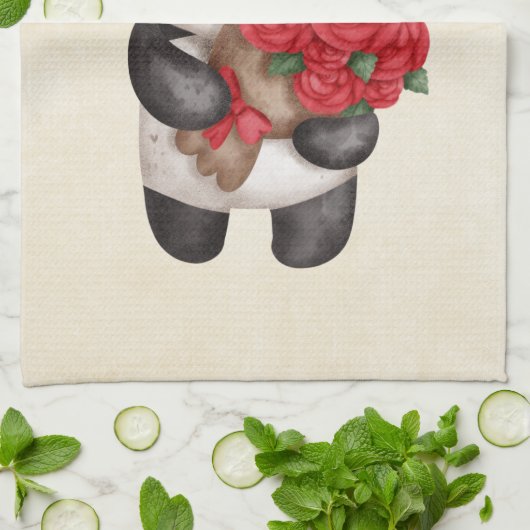 Niedlicher Panda-Bär mit Rose Bouquet Geschirrtuch (Gefaltet)