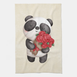 Niedlicher Panda-Bär mit Rose Bouquet Geschirrtuch
