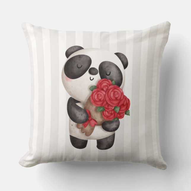 Niedlicher Panda-Bär mit Rose Bouquet Kissen (Vorderseite)