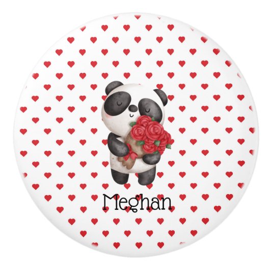 Niedlicher Panda-Bär mit Rose Bouquet Mit Monogram Keramikknauf (Vorderseite)
