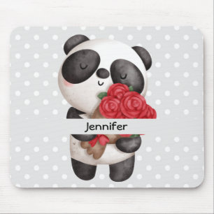 Niedlicher Panda-Bär mit Rose Bouquet Mousepad