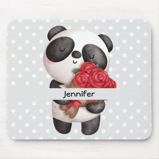 Niedlicher Panda-Bär mit Rose Bouquet Mousepad (Vorne)