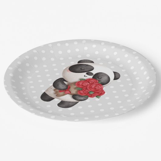 Niedlicher Panda-Bär mit Rose Bouquet Pappteller (Schrägansicht)