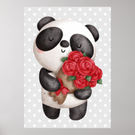 Niedlicher Panda-Bär mit Rose Bouquet Poster