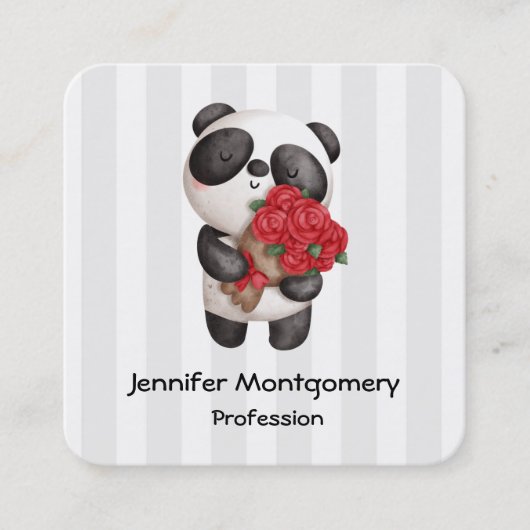 Niedlicher Panda-Bär mit Rose Bouquet Quadratische Visitenkarte (Vorderseite)