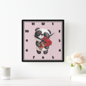 Niedlicher Panda-Bär mit Rose Bouquet Quadratische Wanduhr (Zuhause)