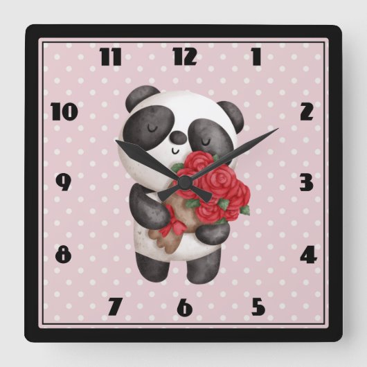 Niedlicher Panda-Bär mit Rose Bouquet Quadratische Wanduhr (Vorderseite)
