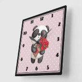 Niedlicher Panda-Bär mit Rose Bouquet Quadratische Wanduhr (Winkel)