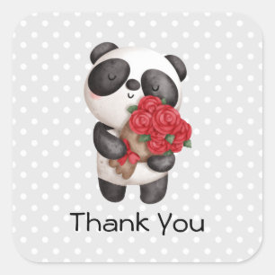 Niedlicher Panda-Bär mit Rose Bouquet Quadratischer Aufkleber