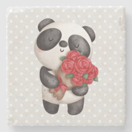 Niedlicher Panda-Bär mit Rose Bouquet Steinuntersetzer