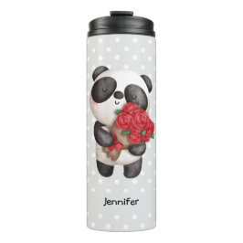 Niedlicher Panda-Bär mit Rose Bouquet Thermosbecher