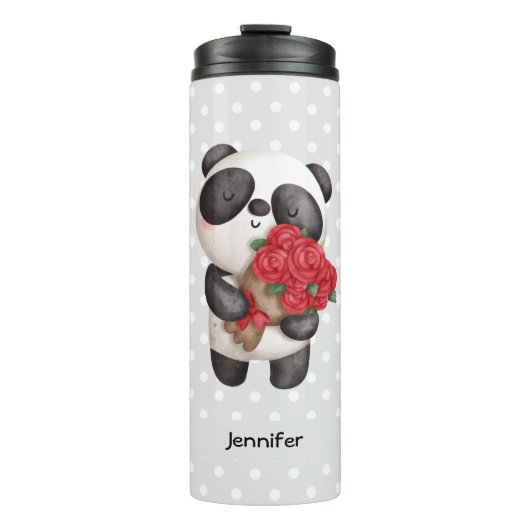 Niedlicher Panda-Bär mit Rose Bouquet Thermosbecher (Vorderseite)