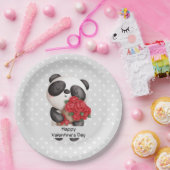 Niedlicher Panda-Bär mit Rose Bouquet Valentine Pappteller (Party)