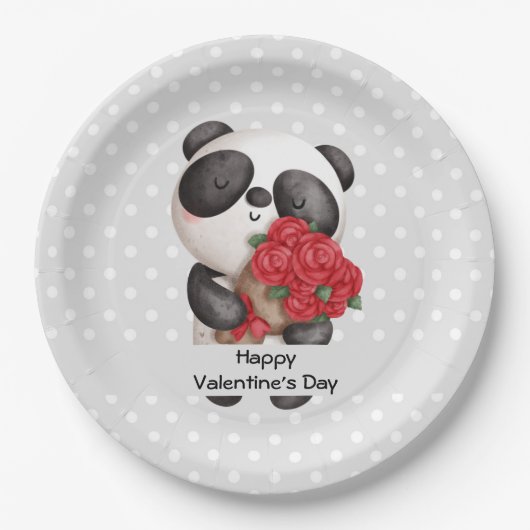 Niedlicher Panda-Bär mit Rose Bouquet Valentine Pappteller (Vorderseite)