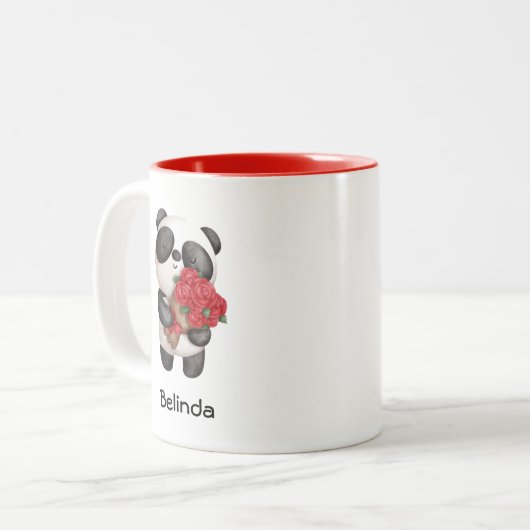 Niedlicher Panda-Bär mit Rose Bouquet Zweifarbige Tasse (Vorderseite Links)