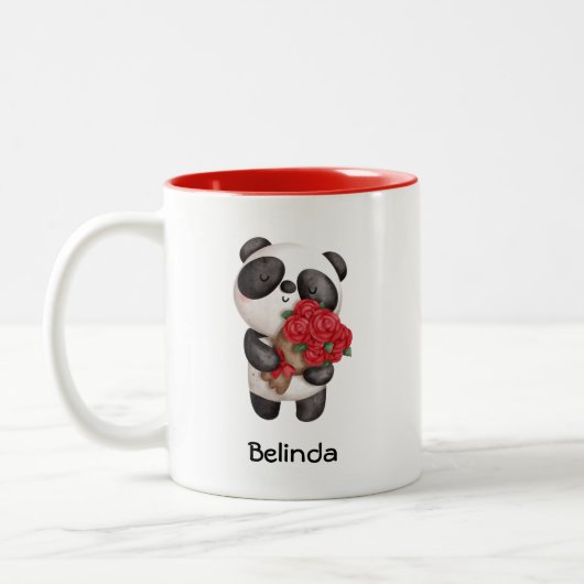 Niedlicher Panda-Bär mit Rose Bouquet Zweifarbige Tasse (Links)