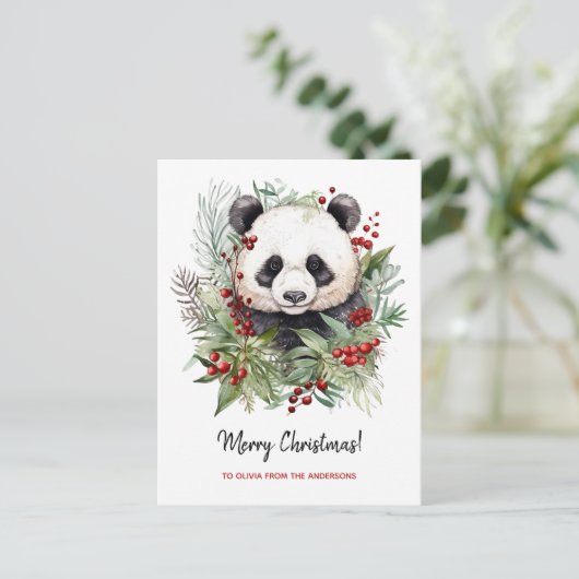 Niedlicher Panda Bär Rustikale Weihnachtsbotaniki Postkarte (Stehend Vorderseite)