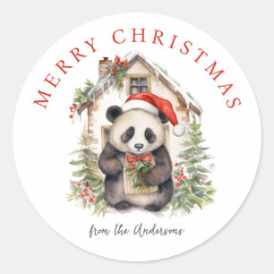 Niedlicher Panda Bär Rustikales Weihnachtshaus Runder Aufkleber