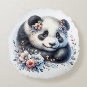 Niedlicher Panda-Bär und Blume Rundes Kissen