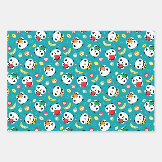 Niedlicher Panda-Bär und Kawaii-Fruchtmuster Geschenkpapier Set (Vorderseite 3)