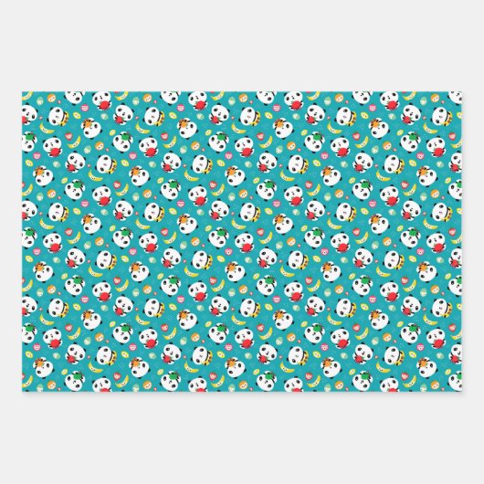 Niedlicher Panda-Bär und Kawaii-Fruchtmuster Geschenkpapier Set (Vorderseite)