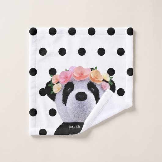 Niedlicher Panda Bärentier Schwarz/Weiß Polka Dot Badhandtuch Set (Waschlappen)