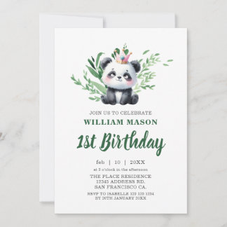 Niedlicher Panda Bear Aquarell Grüne 1. Geburtstag Einladung