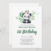 Niedlicher Panda Bear Aquarell Grüne 1. Geburtstag Einladung (Vorne/Hinten)