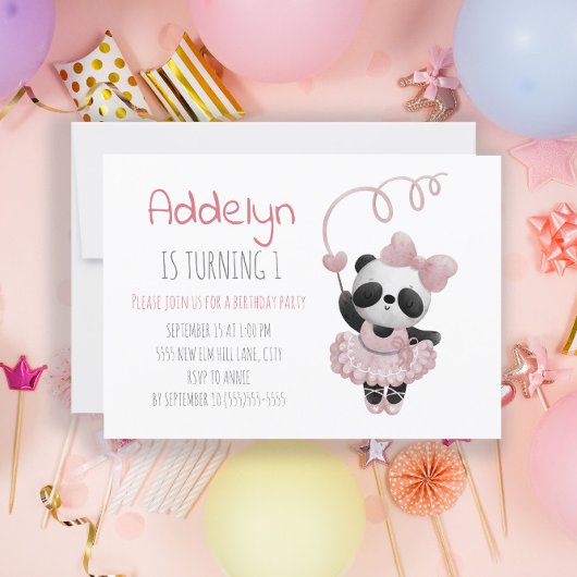 Niedlicher Panda Bear Ballerina Girl's 1. Geburtst Einladung