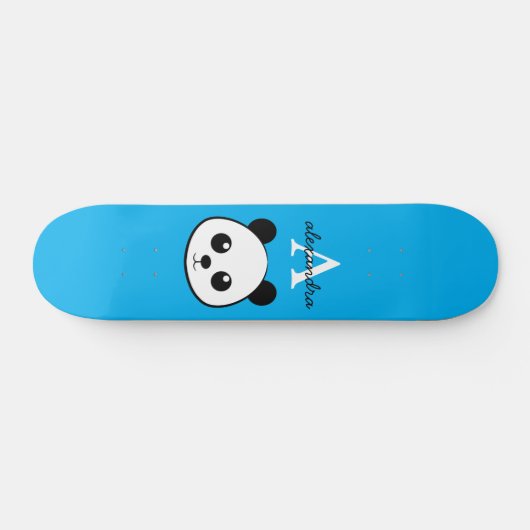 Niedlicher Panda Bear Custom Monogram Blue Backgro Skateboard (Horizontal)