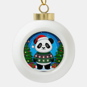 Niedlicher Panda in Weihnachtspullover trägt Santa Keramik Kugel-Ornament