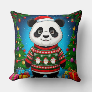 Niedlicher Panda in Weihnachtspullover trägt Santa Kissen