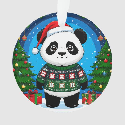 Niedlicher Panda in Weihnachtspullover trägt Santa Ornament (Vorderseite)