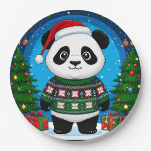 Niedlicher Panda in Weihnachtspullover trägt Santa Pappteller
