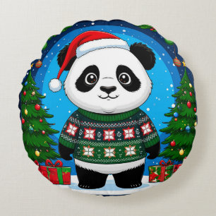 Niedlicher Panda in Weihnachtspullover trägt Santa Rundes Kissen