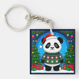 Niedlicher Panda in Weihnachtspullover trägt Santa Schlüsselanhänger
