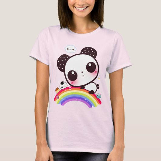 Niedlicher Panda mit kawaii-Essen auf Regenbogen T-Shirt (Vorderseite)
