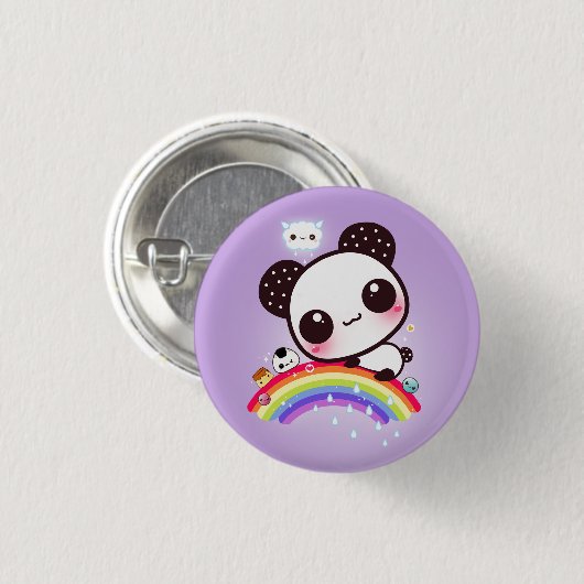Niedlicher Panda mit kawaii Nahrung auf Regenbogen Button (Vorne & Hinten)