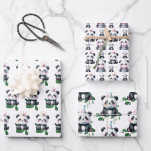 Niedlicher Panda Pattern Bär mit Grün & Geschenken Geschenkpapier Set