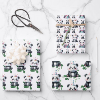 Niedlicher Panda Pattern Bär mit Grün & Geschenken Geschenkpapier Set