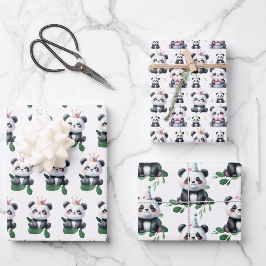 Niedlicher Panda Pattern Bär mit Grün & Geschenken Geschenkpapier Set (Vorderseite)