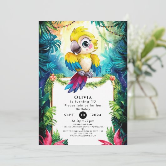 Niedlicher Papagei Geburtstag Einladung (Stehend Vorderseite)
